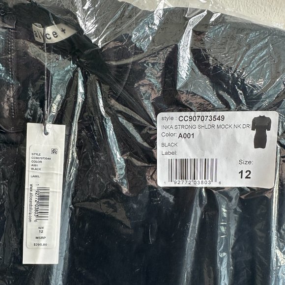 Alice + Olivia Inka Strong Shoulder Dress COLOR: BLACK SIZE: 12 L XL New - Picture 5 of 7